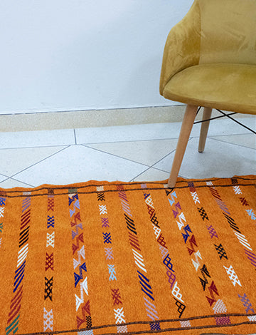 Orange Moroccan rug with intricate Berber symbols design pattern enhancing a living room decor.